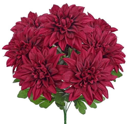Hollyone Kunstblumen Wie Echt Dahlien Künstliche Blumenstrauß 7 Köpfe Seide Dahlie Deko Blume Rot Dahlie Blumenarrangement für Hochzeit Partei Tischaufsätze Heim Küche Vase Dekoration