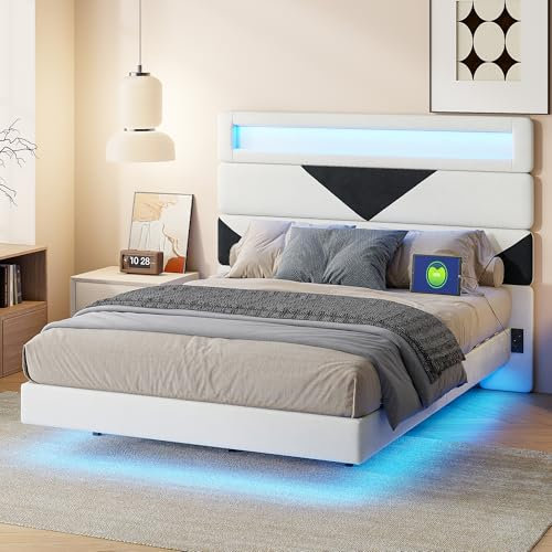 LKPOMI Doppelbett Polsterbett mit LED-Beleuchtung Schwebendes Bett Bettgestell mit Lattenrost aus Holz, Samt, Weiß Schwarz, Ohne Matratze (Weiß Schwarz + Dreieck Kopfteil, 160 x 200 cm)