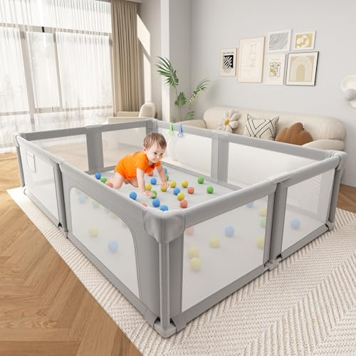 Seeday Baby Playpen, Grey Foldable Playpen for Babies and Toddlers, 185x154cm Playard for Indoor & Outdoor, Large Baby Play Yards, Play Fence with Soft Breathable Mesh, Mattress, Ocean Balls