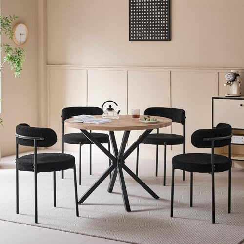 DEYARNA HOME Essgruppe Set Tisch und Stühle, 100cm Runder Esstisch mit 4 Esszimmerstühlen, Tisch und 4 Stühle für Küche, Wohnzimmer, Balkon, Restaurant, Büro (Helle Holzfarbe+Schwarz)