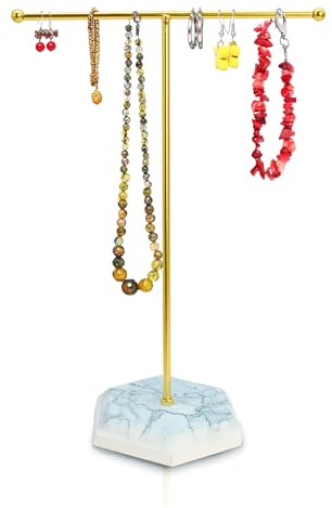 HVIHWI Smyckesställ med keramisk bas, T-formad smyckeshållare, smyckesförvaring med metallstav smycken arrangör för halsband, armband, örhängen och ringar (18,5 × 25,5 cm)