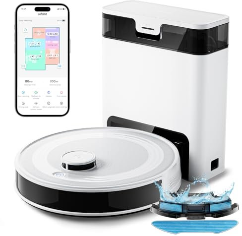 Lefant M2S Pro Robot Aspirateur Laveur 10000Pa avec Station Vidage Automatique Poussière,Navigation Laser avec Cartographie,Nettoyage Personnalisé, Évitement d'obstacles PSD,Idéal pour Poils d'animaux