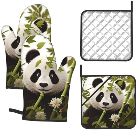 Panda Ofenhandschuhe und Topflappen, 4-teiliges Set, 260 °C, hitzebeständig, Küchenhandschuh, Topflappen, rutschfeste Kochhandschuhe mit Pfannenregalen zum Backen und Grillen