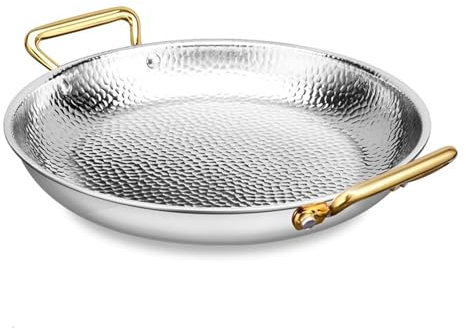QTQHOME Paellera española con doble mango, sartén antiadherente de acero inoxidable con doble oreja, olla de paella de mariscos, utensilios de cocina para hogares y restaurantes (34 cm, plateado)