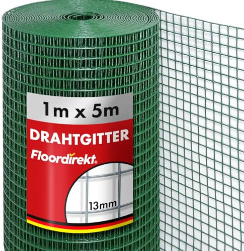 Floordirekt Volierendraht Drahtgitter feinmaschig 100cm hoch x 5m lang Hochbeet 4-Eck Drahtgeflecht, Nagergitter, Vogeldraht, Volierengitter, Gitterdraht, Drahtzaun grüne PVC Maschen-Weite 13x13mm