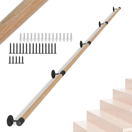 365CM/12FT Round Wooden Stair Handrail,Indoor Staircase Handrail,Wall Mount Support Stair Railings,Non-Slip Safety Corridor,Lofts,Patio,Guardrail Wood Hand Railings For Elderly,Children,Disable People