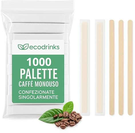 ecodrinks - 1000 Palette Caffè Monouso - Bastoncini di Legno di Betulla IDEALI PER CAFFE', Biodegradabili per Bar e Casa - Ecologiche e Resistenti - Imbustate Singolarmente, 9 cm