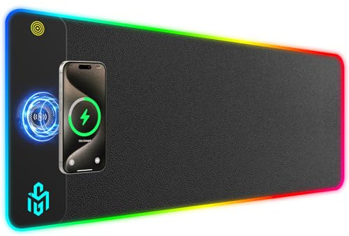 GIM Tappetino di ricarica wireless RGB Gaming 15 W, tappetino per mouse a LED, 800 x 300 x 4 mm, 10 modalità di luce, tappetino per mouse extra grande, con base in gomma antiscivolo, per gaming