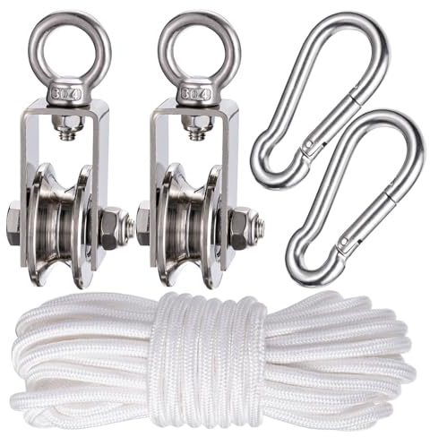 KCNOFNC 40mm Umlenkrolle mit 2 Kugellager, Edelstahl Fitness flaschenzug mit 10m Nylon Seile und Clip，Umlenkrollen für 8mm Seile Stahlseil, Tragkraft 200kg