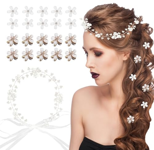 BATHRINS 21 Stück Mini Blumen Haarspangen mit Perle Haarschmuck Hochzeit Haarreife, Kleine Blumen Haarklammer, Dekorative Braut Haarschmuck für Mädchen Damen Blumenmädche