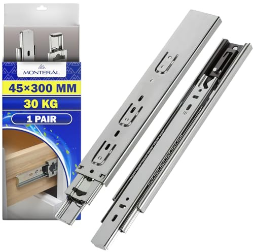 1 Par Guias Correderas para Cajones con Rodamiento Bolas 300 mm x H 45 mm | con Mecanismo Self-Closing - Rieles para Cajones Telescópicas Tienen Capacidad Carga 35 kg - Garantía de 10 Años - MONTERAL