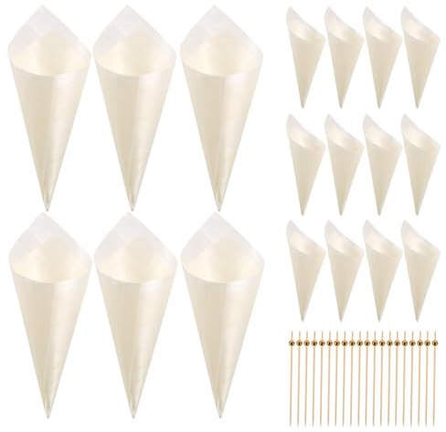 Garneck Conos de Madera Desechables para Helado 125Mm 100 Unidades y Palillos para Aperitivos 12Mm 100 Unidades Kit 200 Piezas para Fiestas Brochetas y Decoración Tropical