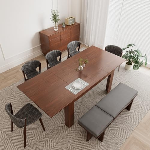 PatioPerk 54.3''-84.5'' Rectangular Extendable Dining Table for 4-8, Solid Wood Expandable Table with Hidden Leaf, Space-Saving Kitchen Table for Apartment & Small Space, Walnut