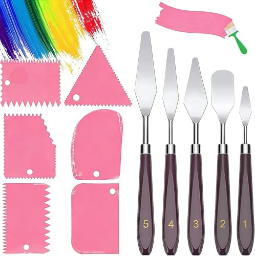 ROMANVIC Juego de 11 espátulas de pintura acrílica, 5 paletas y 6 cuchillas rascadoras, espátula acrílica, material de arte para pintura antigua