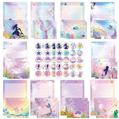 JasCherry Juego de papelería de 160 piezas, 50 hojas de papel para escribir con sobres (10 diseños), 60 pegatinas, para lnvitaciones, Cartas, Fiesta Boda, diseño de sirena