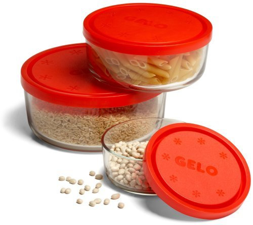 Bormioli Rocco Gelo - Set di 3 ciotole in vetro con coperchi rossi