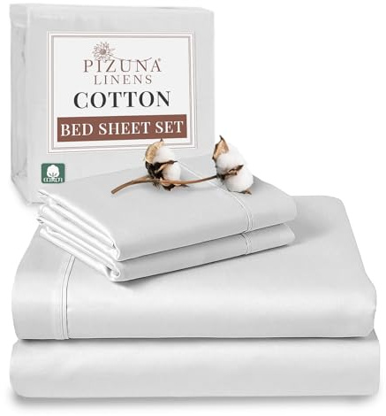 Pizuna 100% Cotton King Size Sheet Set White, 400 Thead Count Long Staple Cotton Bedding Set 275x280 cm, Soft Sateen 4 PC King Bed Sheet Set -Fitted Sheet, Flat Sheet & 2 Pillowcases