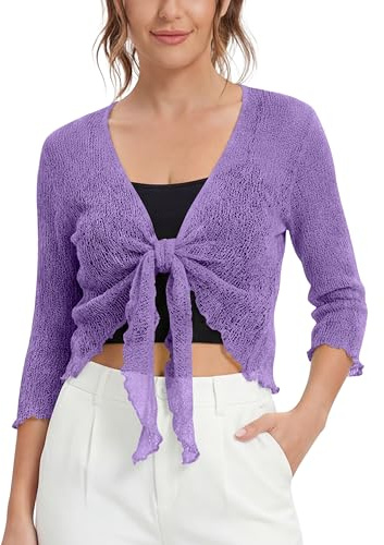 Love My Fashions® Women’s Fish Net Knitted Tie Up Bolero Shrug Top Ladies 3/4 Sleeve One Size Fits All Lilac