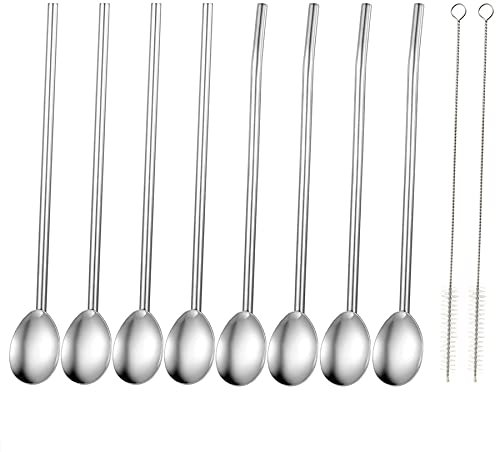 TSWRK 8PCS Cocktaillöffel Set Edelstahl Strohhalme Löffel 2 in 1 Wiederverwendbar mit 2 Reinigungsbürste