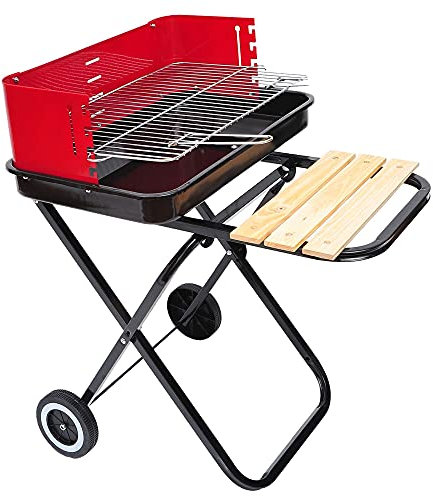 Parrilla plegable de la barbacoa que cocina el carro de carbón de leña con ruedas, paleta de madera al aire libre BARBACOA Parrilla de carbón de parrilla con soporte puede poner comida, negro / rojo