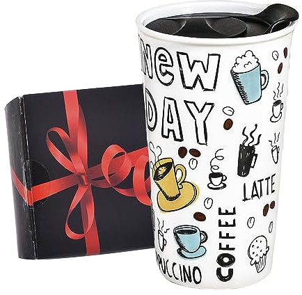 Ceramic Travel Coffee Mug, 12 oz, Portable, Travel Mug with Lid, Double Wall Tall Cup, To Go Tumbler for Car Cup Holder, Splash Resistant Lid, Dishwasher Safe, Gifts for Women Men Her Him (New Day)