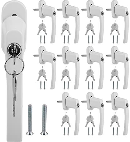 Lospitch Juego de 12 tiradores de ventana con cerradura (aluminio en posición inclinada y cerrada, incluye 24 llaves con cerradura de 35 cm de largo), color blanco