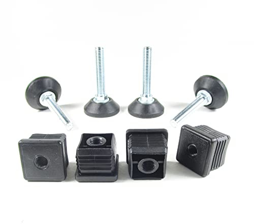 ajile Pied Vérin Fileté Réglable Ajustable pour Mise à Niveau M10 Longueur 50 mm avec Embout Taraudé pour Tube Carré 30x30 mm Plastique Noir - 4 pièces - KCX130
