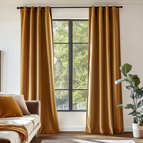 jinchan Velvet Blackout Curtain for Living Room, Thermal Insulated Luxury Drape for Bedroom 108 Inch Long, Soft Privacy Room Darkening Extra Long Window Ring Top Treatment Grommet 1 Panel, Gold Brown