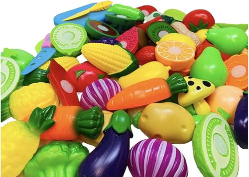 Koolbitz 33 PCs Kids Pretend Play Fruit Set for Kitchen, Fruit & Veggies, Role Play Food Cutting Toy, Educational Playset Gift for Children 3+ Years
