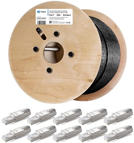 hb-digital 250m Cat 7 Verlegekabel Outdoor schwarz AWG23/1 PE S/FTP doppelt geschirmt PIMF Reines Kupfer 1000MHz 10Gbits Netzwerk Installation Ethernet für Außenbereich + 10x Cat.7 Netzwerkstecker
