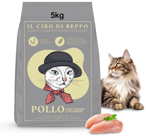 Il Cibo Di Beppo - Cibo Secco Per Gatti Sterilizzati - Crocchette Senza Cereali Di Alta Qualità: Grain Free E Senza Glutine - Alimento Completo - 5Kg (Pollo con Tonno e Salmone)