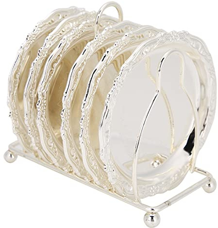 6Pcs European Style Metal Coaster with Rack for Home, Bar (Silver) | Non Slip Cup Mats, Heat Insulation Coaster