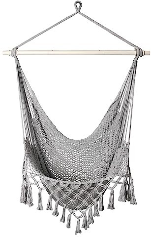 Bathonly Handgewebter Hängesessel aus Baumwollseil mit Spreizstange aus Metall, Boho Hängestuhl, Hängeschaukel mit Quaste für Schlafzimmer, Drinnen und Draußen, bis 120 Kg Belastbar, Grau