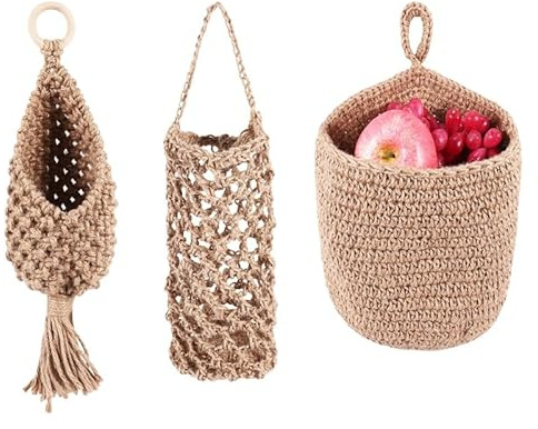 Povxlum 3pcs Hanging Wall Baskets Woven Wall Mounted Vegetable Fruit Storage Baskets Wall Decor for Kitchen Storage, Living Room, and Porch