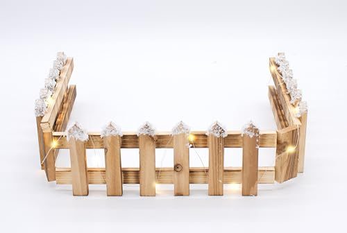 Spetebo Holz Dekozaun mit 15 LED in warm weiß - 90 x 10 cm - Mini Gartenzaun mit Kunstschnee - Tischdeko Winter Gatter Weihnachtsdeko beleuchtet Batterie betrieben mit Timer
