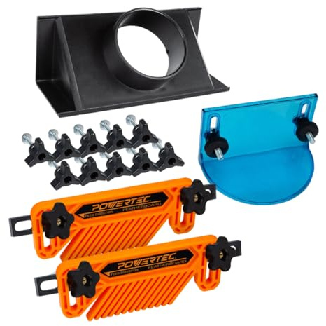 POWERTEC 71914 Protector de brocas de enrutador de tamaño completo con puerto de polvo de mesa de enrutador de identificación de 2.5 pulgadas y 2 tableros de plumas de valla/mesa de enrutador, y kit
