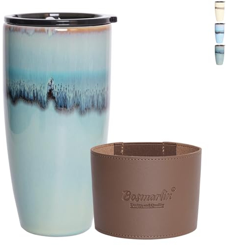 Bosmarlin Ceramic Trave Coffeel Mug with Lid, 21 oz, Portable Coffee Cup for Car Cup Holder, Microwave and Dishwasher Safe, Reactive Glaze