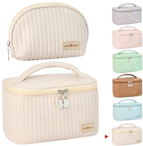 2er Set Reise Kosmetiktasche Kulturtasche Schminktasche, wasserdichte PU Leder Make Up Tasche Mit Reißverschluss, Tragbare Kosmetische Pinsel Taschen Makeup Organizer Für Damen Mädchen (Beige)