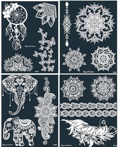 BeyondTattoos 4 hojas grandes mandala pluma elefante mariposa tatuaje plantilla tatuaje plantilla para dedos mano y cuerpo pintura Lorena