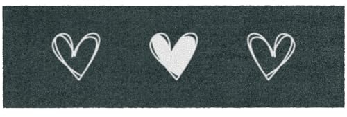 MOCAVI Mat Fußmatte innen & außen, waschbar, hochwertig, randlos, 30x100 cm Herzen anthrazit, lang, schmal Schuhparkplatz