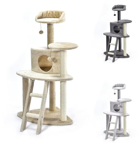 PATAM Árbol rascador de sisal Natural para Gatos con Escalera y caseta de Peluche, Base Reforzada y fácil Montaje, Altura 112 cm - Oasi Beige