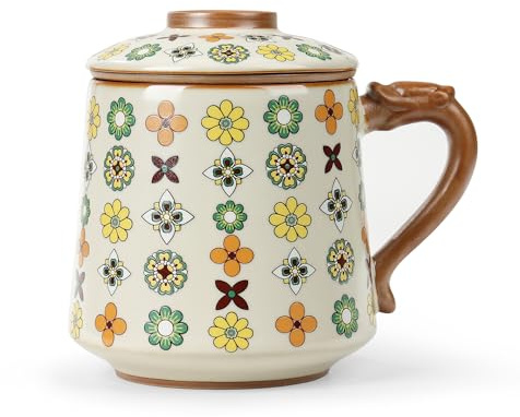 fanquare Keramik-Teebecher mit Infusor und Deckel, bunte Blumen chinesische Teebecher, große Teetasse für loses Blatt 450ml