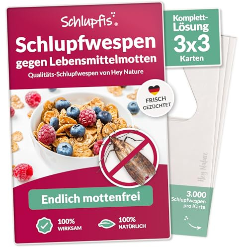 Schlupfwespen gegen Lebensmittelmotten - Komplett-Kur mit 9 Karten | (3 Karten à 3 Lieferungen) | Motten effektiv + natürlich bekämpfen INKL. BERATUNG | Alternative zu Mottenfallen, Mottenspray