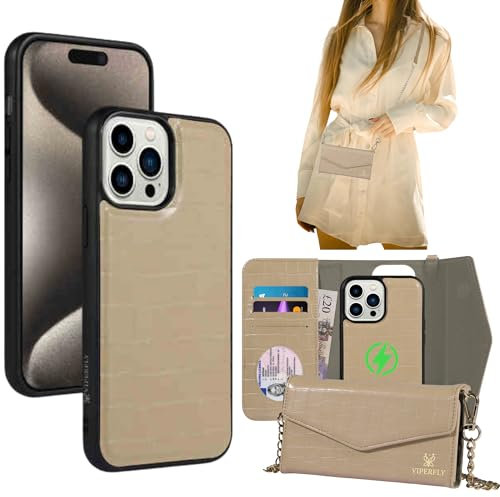 VIPERFLY Phone Lanyard Crossbody Case For iPhone, Leather Flip Case MagSafe Compatible (Beige, iPhone 15 Pro Max)