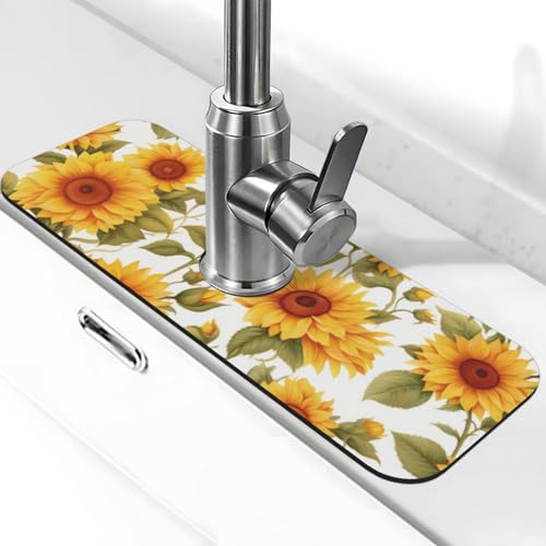 Kitchen Faucet Mat 15 x 5.5 Inch Sunflowers Faucet Draining Mat Absorbent Drying Mat Sink Splash Guard Behind Faucet Drip Catcher for Kitchen Bathroom (Sunflowers 02)
