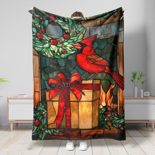 Cardinal Holiday Blanket, Red Stained Glass Design Throw Blanket, Cozy Soft Plush Fleece for Winter, Christmas Decor, Home Use, All Season 60x80 Inch