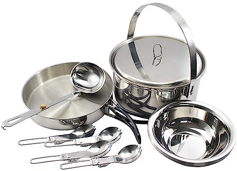 Camping Cookware Mess Kit for 4 Persons Stainless Steel Cooking Set with Pot Pan Soup Spoon Bowls Folding Sporks Cooking Equipment for Family Camping Hiking Picnic