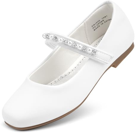 Stelle Girls Wedding Dress Shoes Ballet Flats Flower Party Mary Jane with Beaded Straps Toddler/Little/Big Kids(GMJ006-White,9MT)