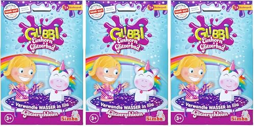 Simba 105953271 - Glibbi Einhorn Glitzerbad, Badewannenspielzeug, Unicorn, Schleim, Badezusatz, Pulver verwandelt Wasser in lila Glitzerschleim, ab 3 Jahren, 3.8 x 3.8 x 11.8 cm (Packung mit 3)