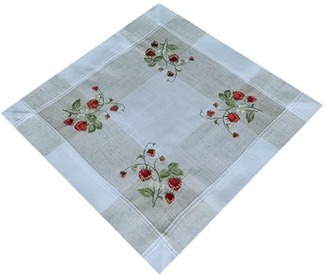 Tischdecke Mitteldecke Deckchen Frühling Sommer weiß beige Bestickt mit Erdbeeren Leinenotik Mischgewebe (35 x 35 cm)